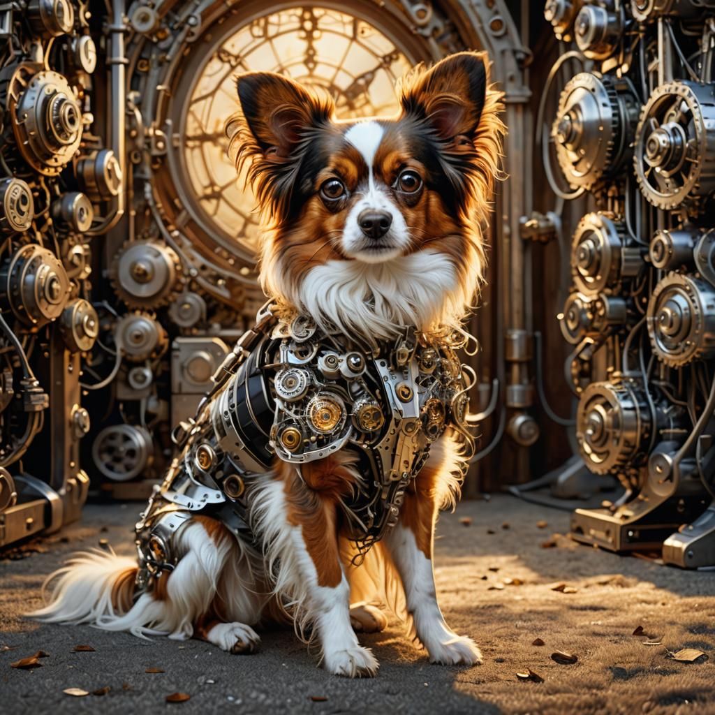 Robotic Papillon Dog Portrait in Hyperdetailed Fantasy Style