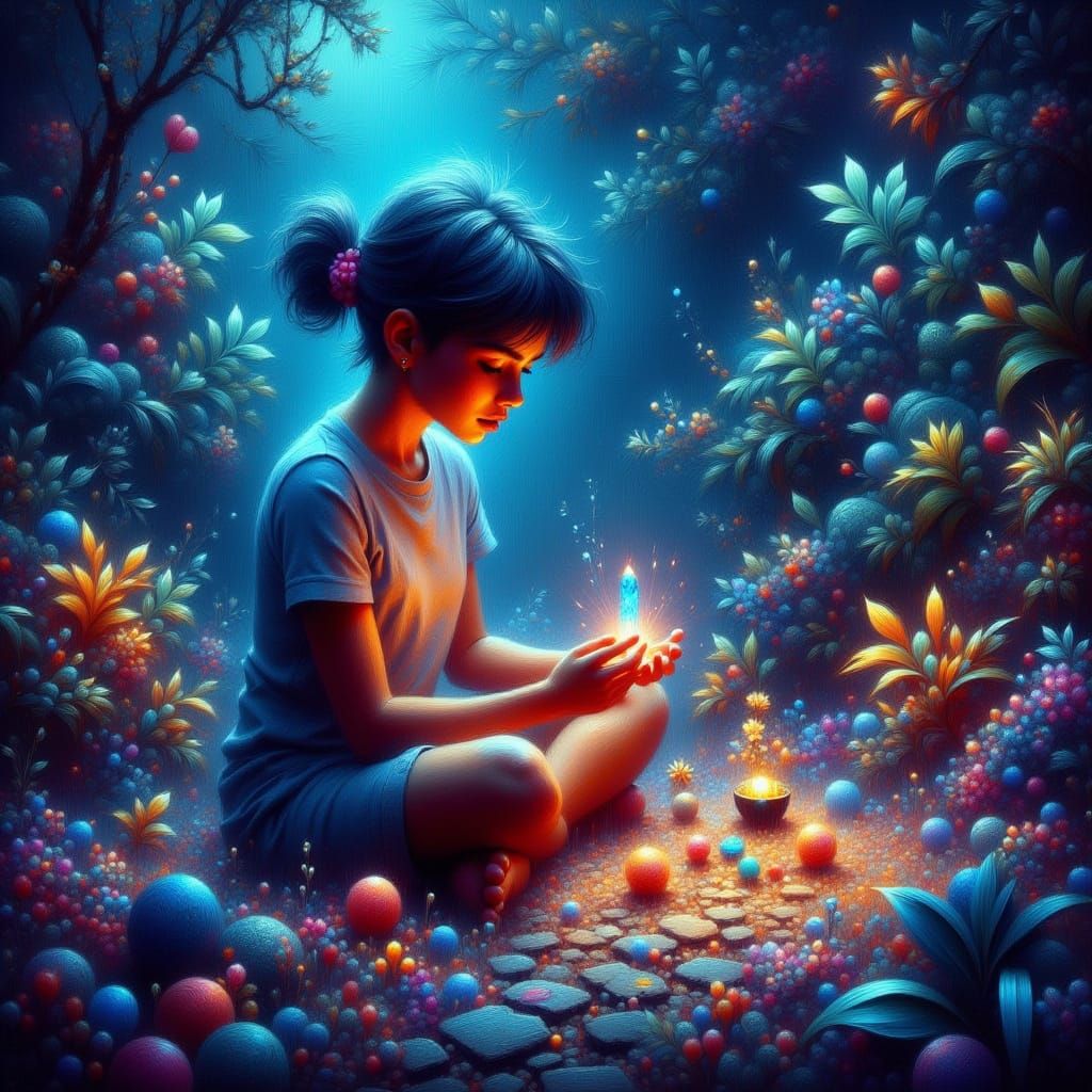 Girl Building Crystal Structure in Alien Jungle