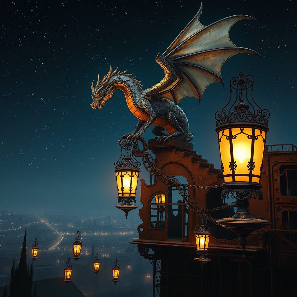 Clockwork Dragon Perched on Industrial Tower