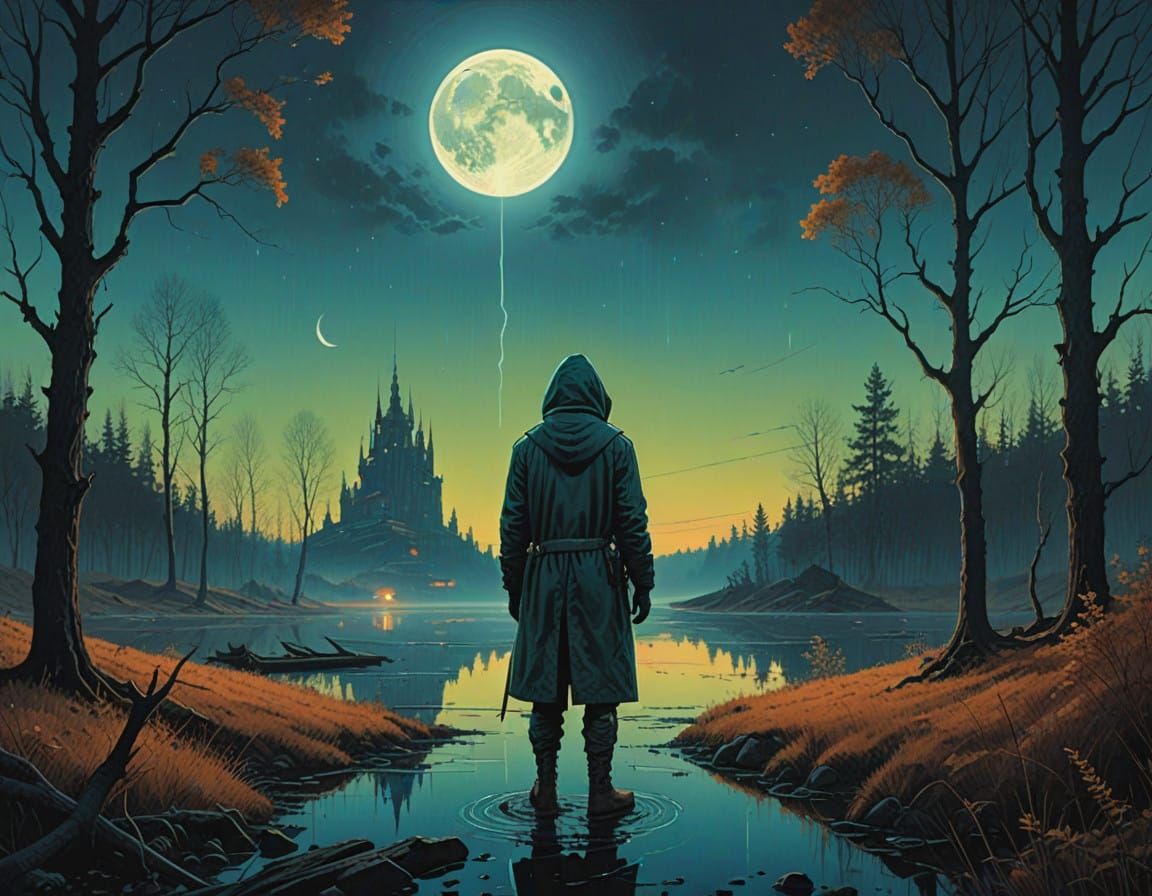 Futuristic Dreamscape with Hooded Figure