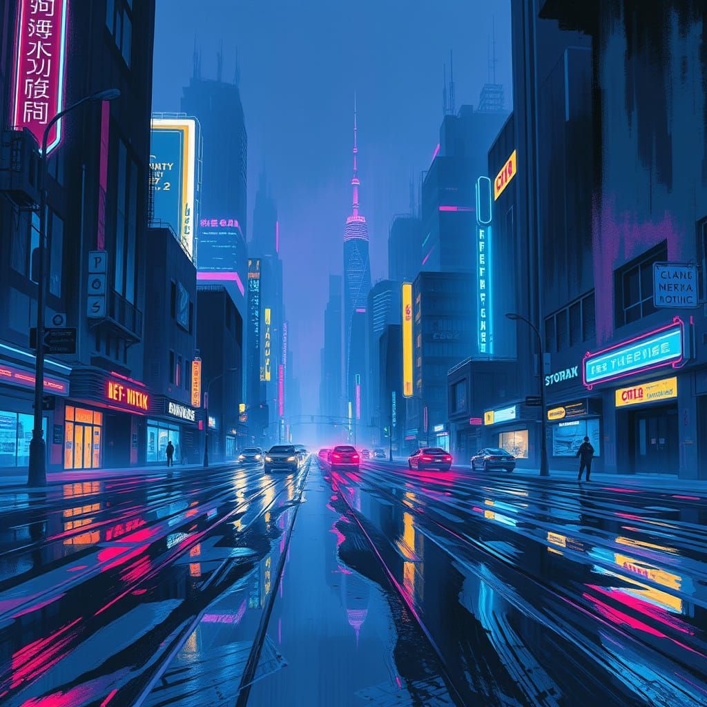 Cyberpunk Cityscape in Deep Blues and Purples