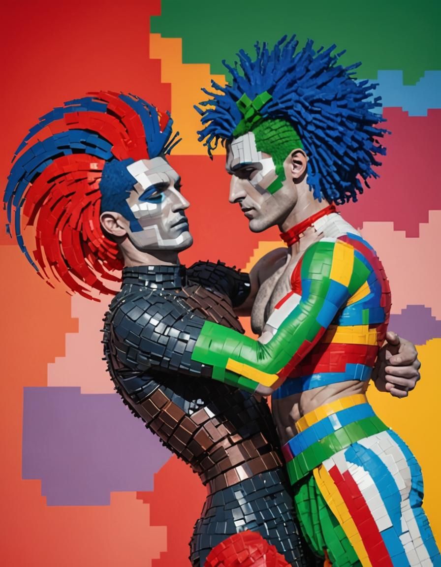 Gay Couple in Glitched Neofuturistic Roman Setting