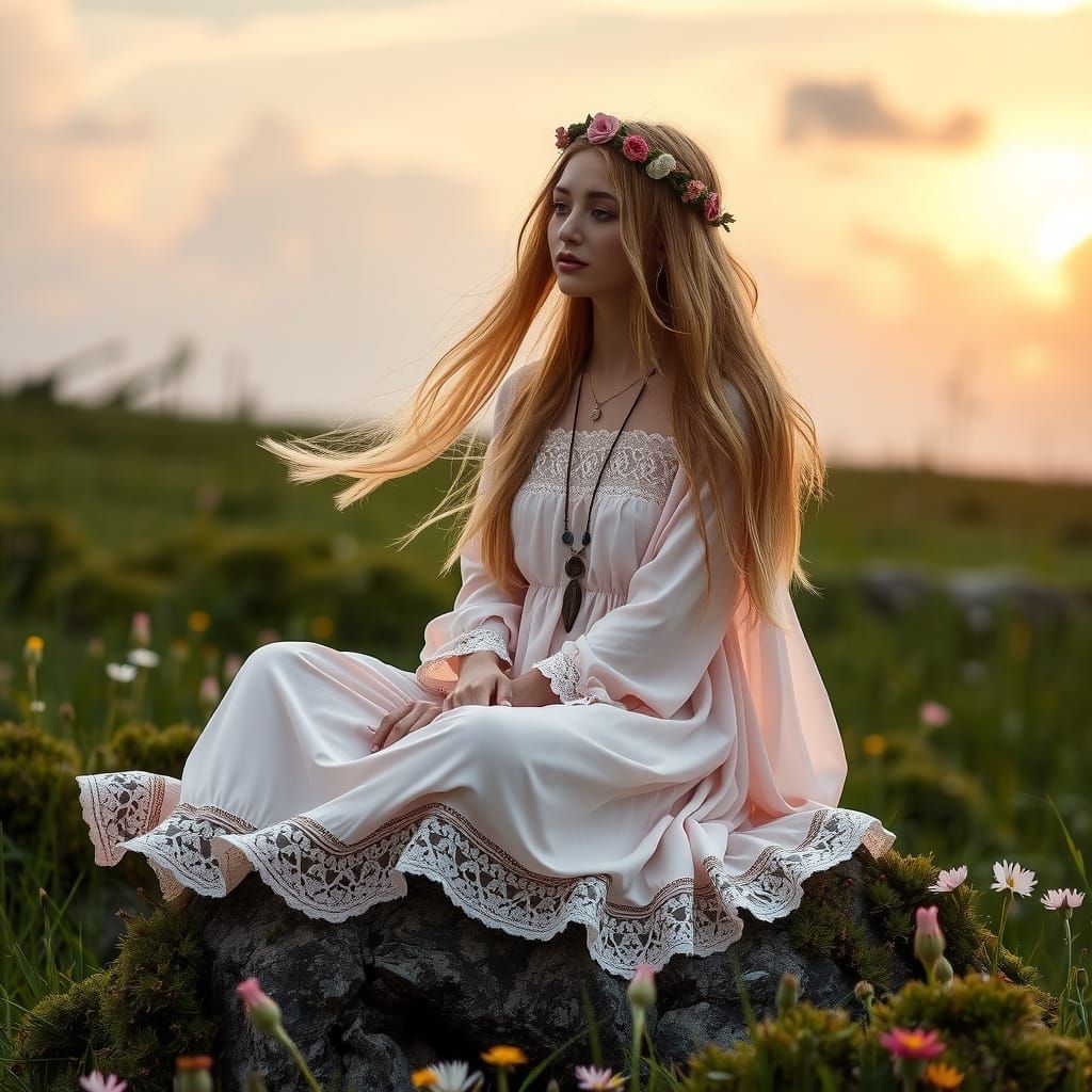 Whimsical Bohemian Woman in a Lush Meadow