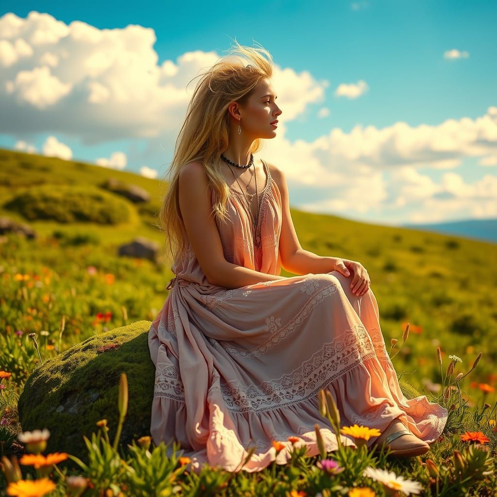 Surreal Bohemian Goddess in Whimsical Wildflower Meadow