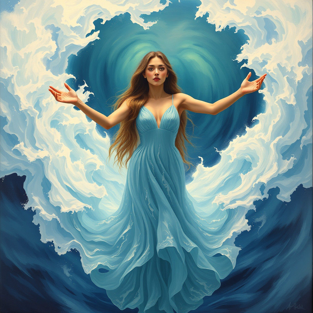 Water Goddess Directs Ocean Waves in Romantic Style