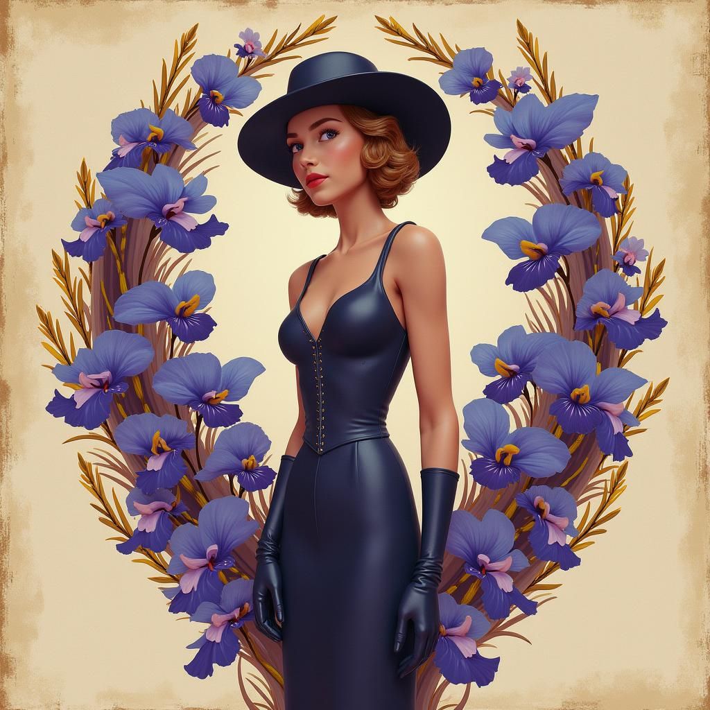 Bonnie and Clyde Portrait with Irises in Vintage Style