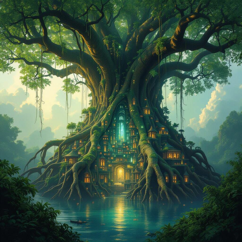 Colossal Living City Within Bioluminescent Mangrove