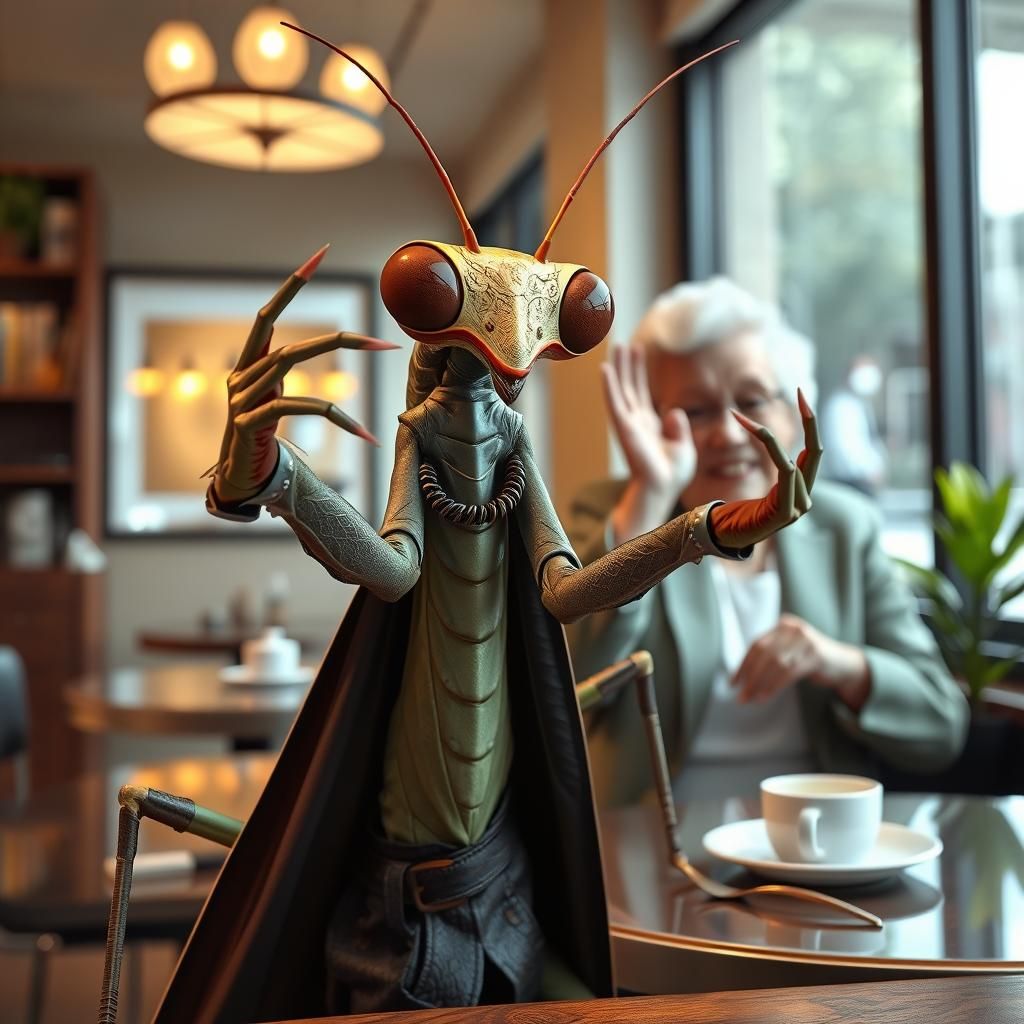 Glamorous Praying Mantis Photobombed in Coffee Shop