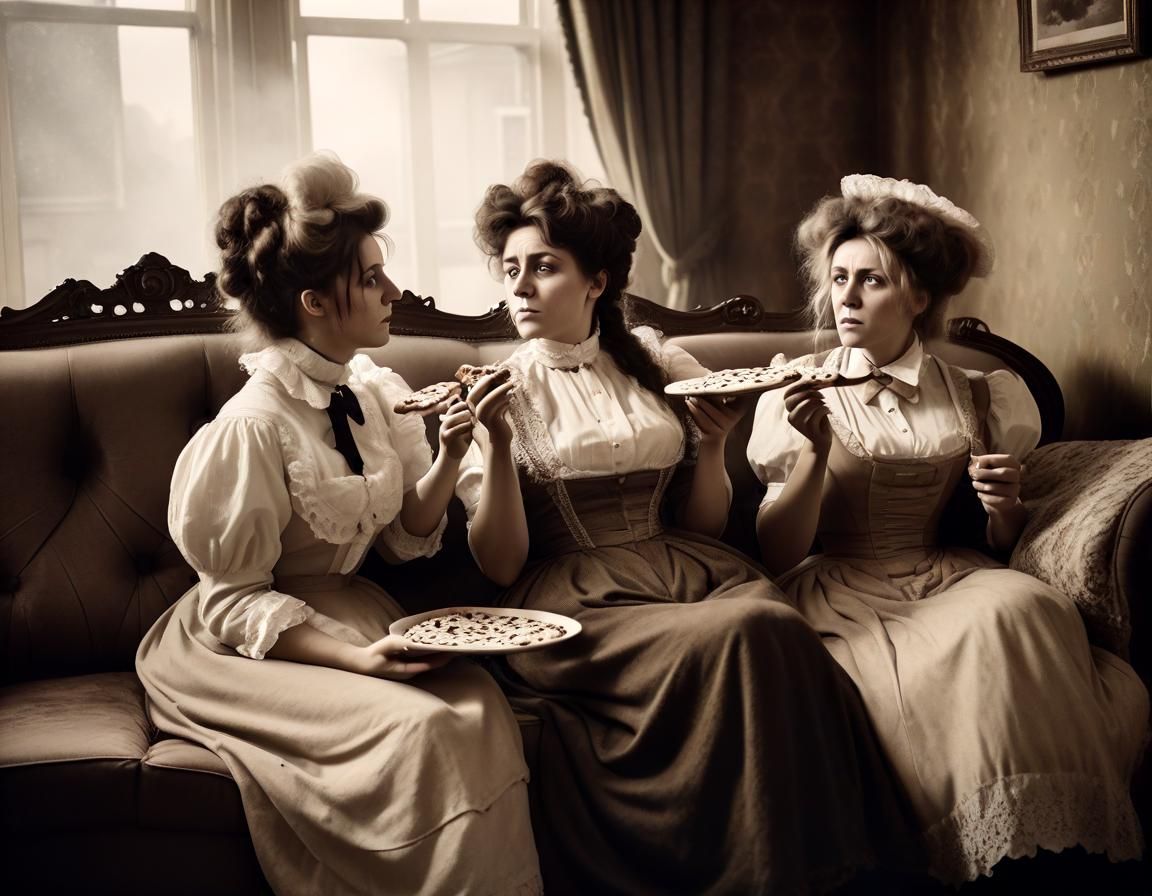 Victorian Ladies Relaxing with Pizza, Vintage Photo