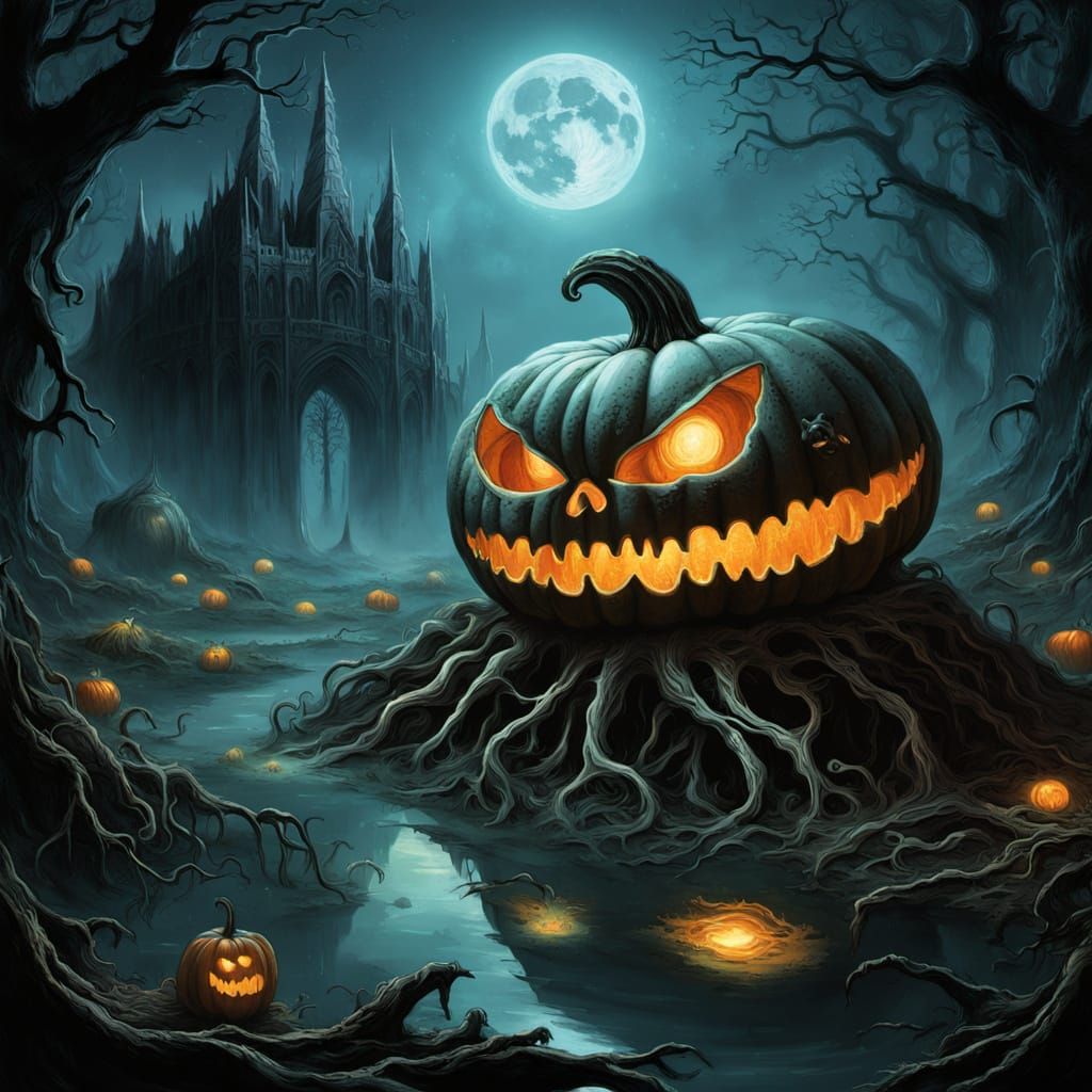 Colossal Glowing Pumpkin Rises from Alien Swamp