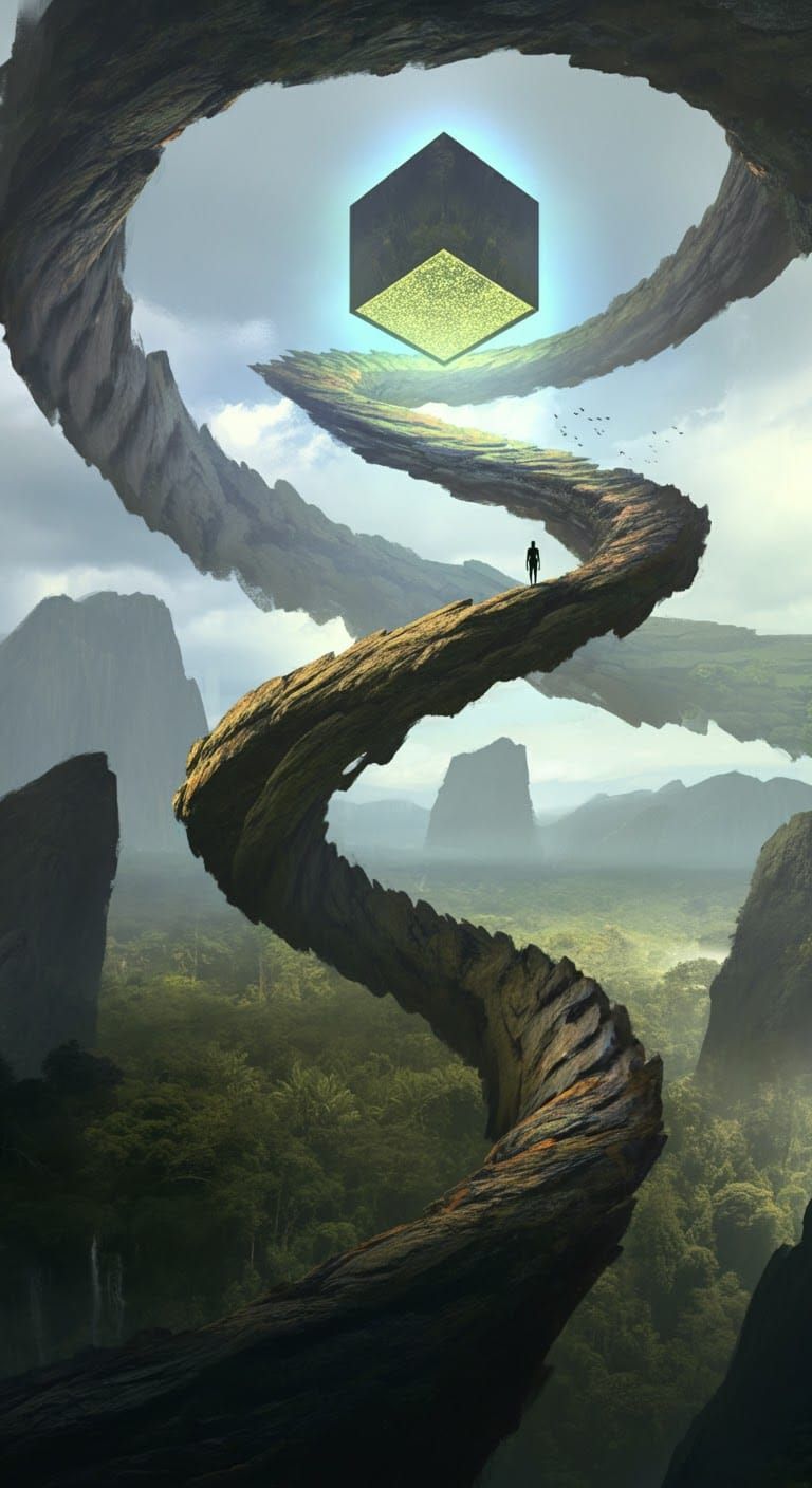 Humanoid Figure on Rock Spire with Helix Structure