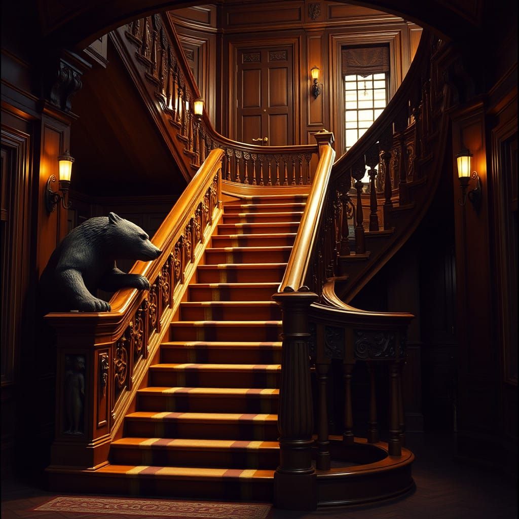 Elegant Royal Wooden Staircase with Bear and Wolf Carvings i...