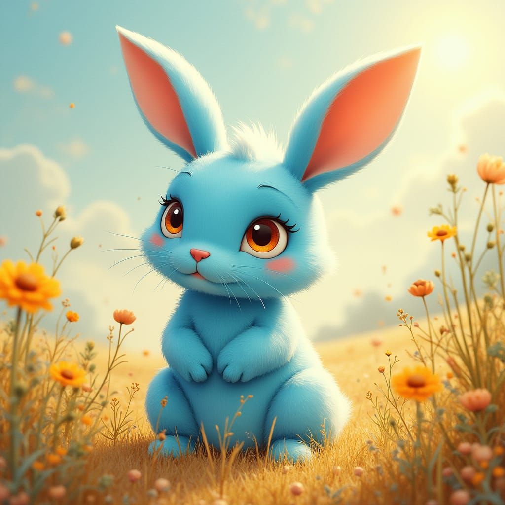 Whimsical Blue Rabbit in a Sun-Kissed American Landscape
