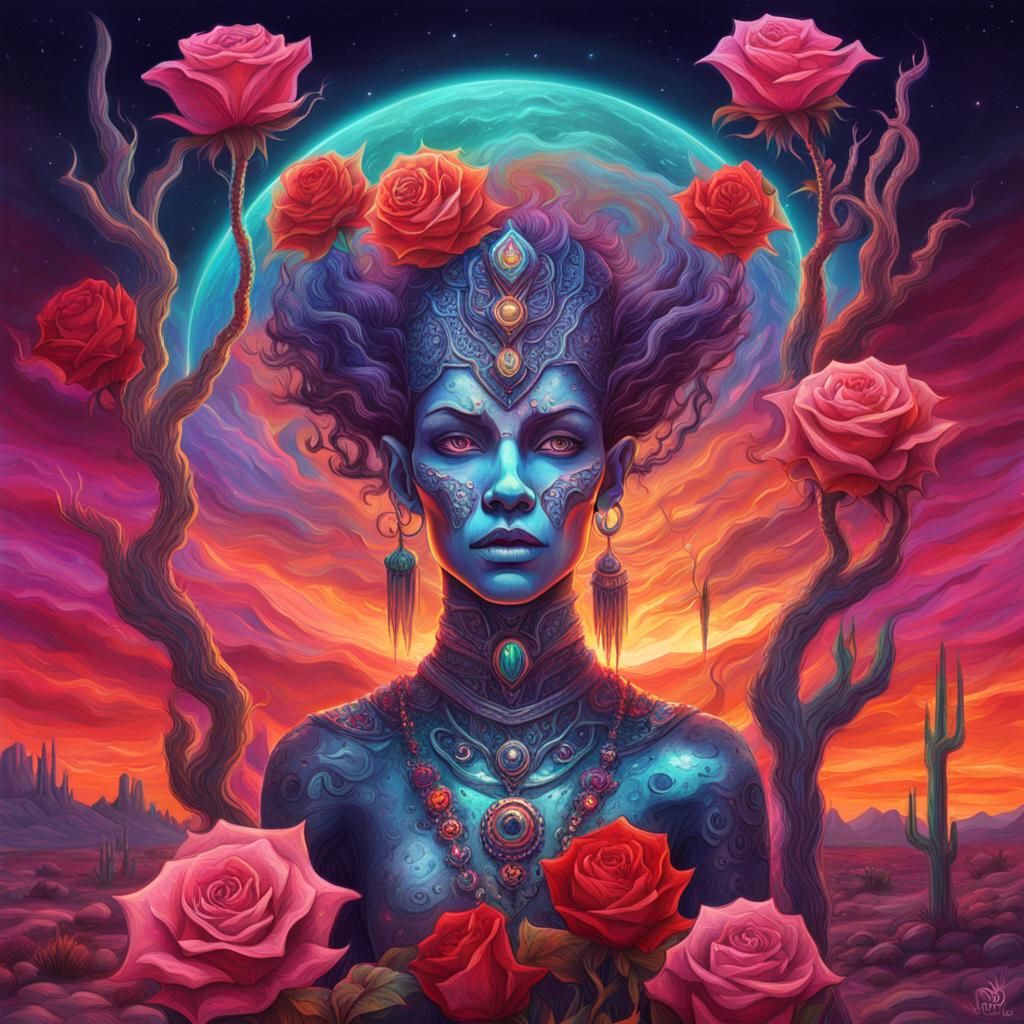 Desert Demon Queen with Roses in Holographic Style