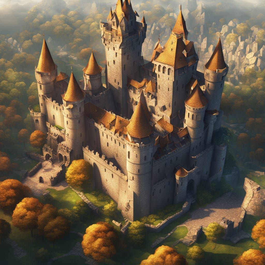 Aerial View of a Medieval Castle in Golden Light
