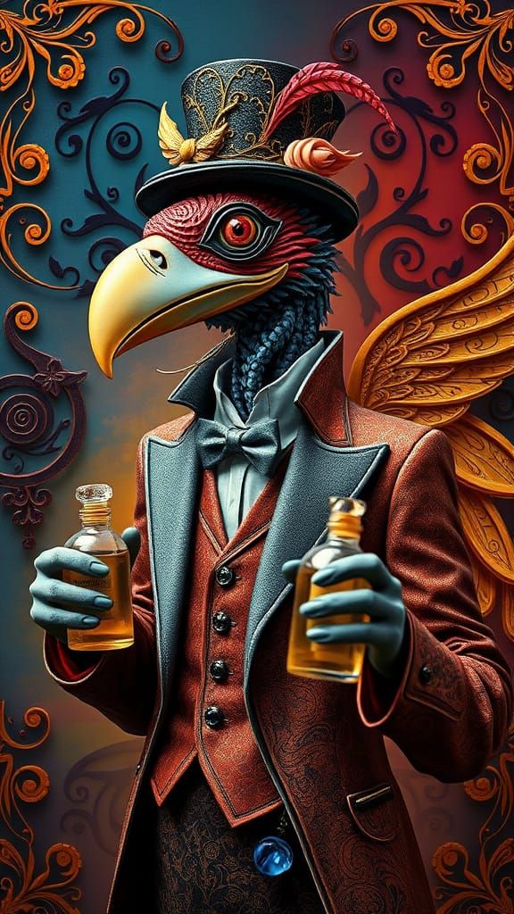 Half Man and Half Bird Creature Magician with Bottles of Per...