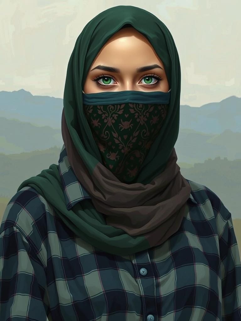 Friendly Hijabi Woman in Dreamy Landscape Painting