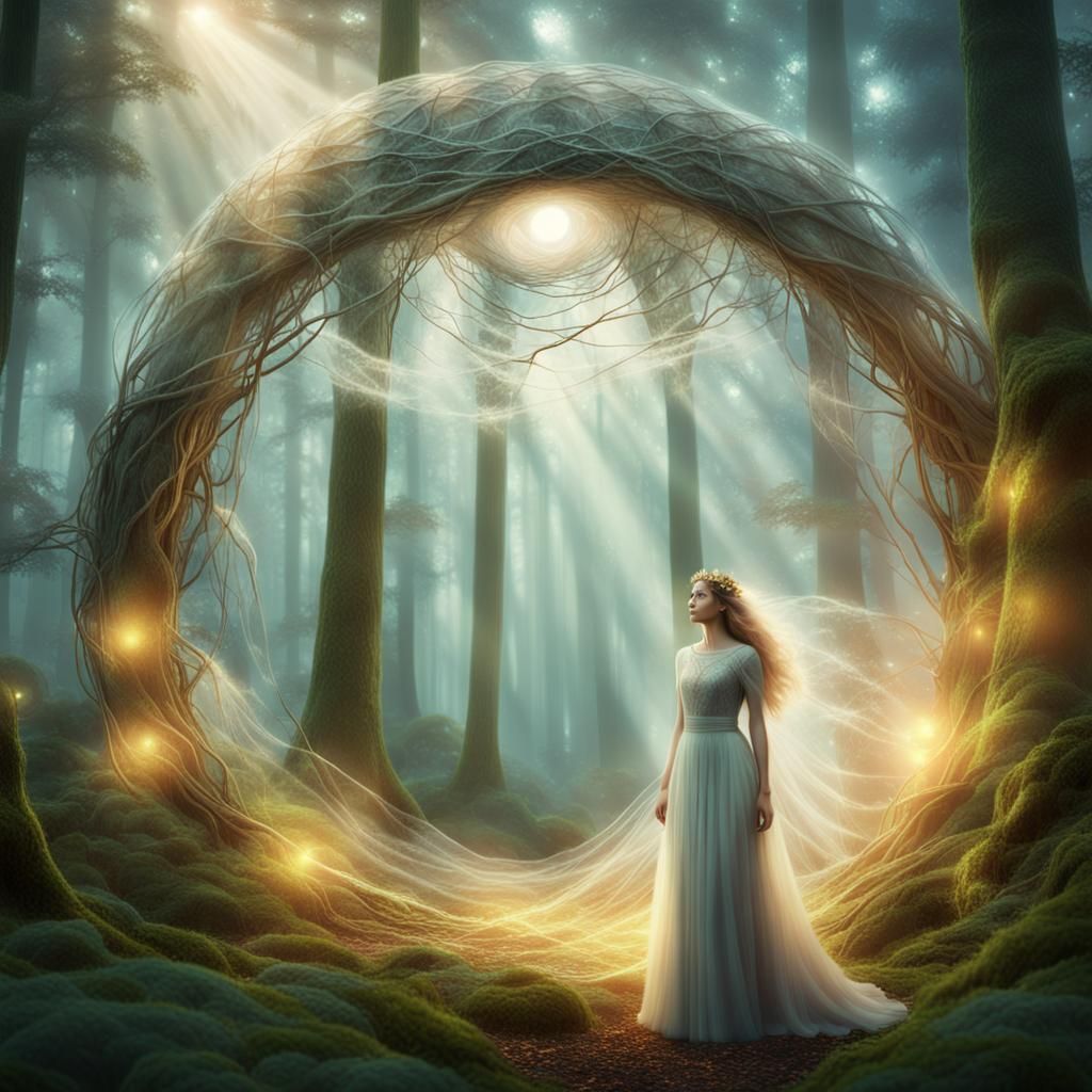 Ethereal Woman in Lighted Forest, Digital Art