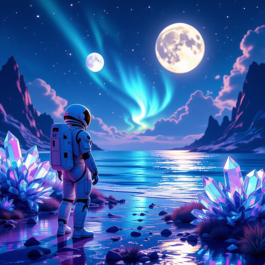 Astronaut on Alien Shore with Two Moons