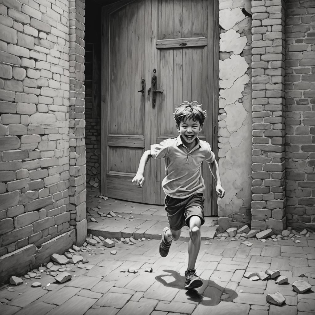 Boy Chasing Ball: Minimalist Black and White Pencil Drawing