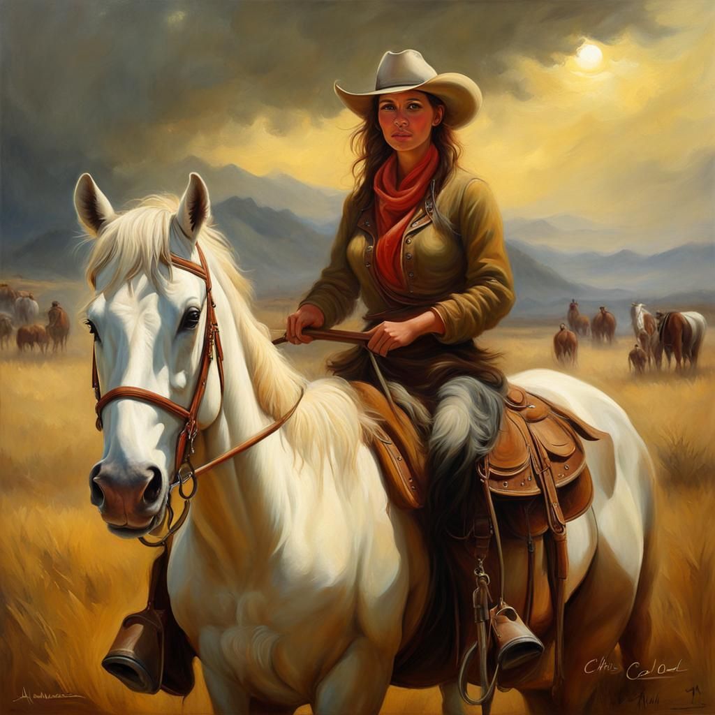 Vivid Oil Painting of a Female Rancher