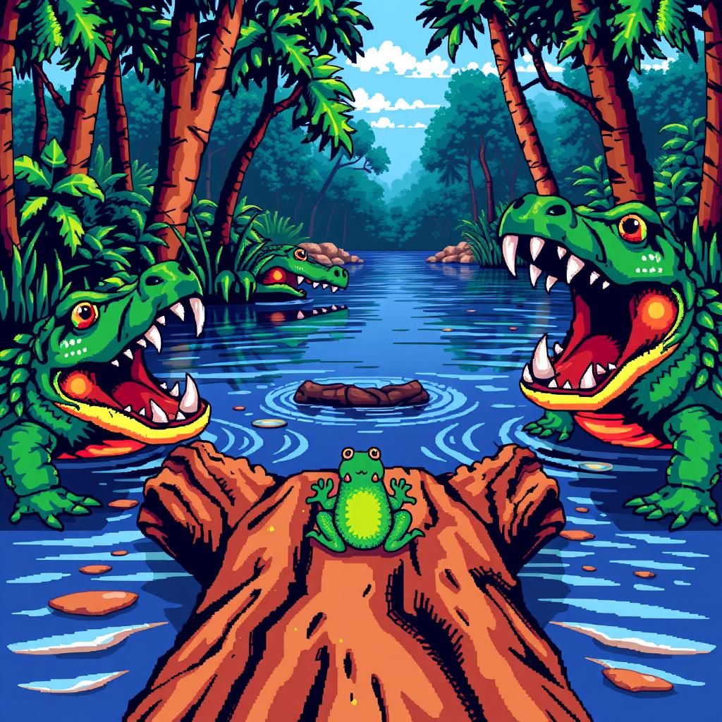 8-bit Frogger Pixel Art in First-Person View