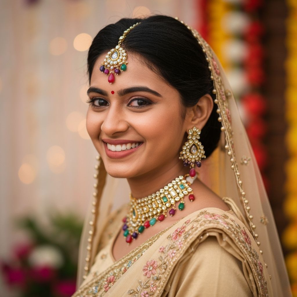 Indian Woman in Gold Sari with Kundan Jewelry