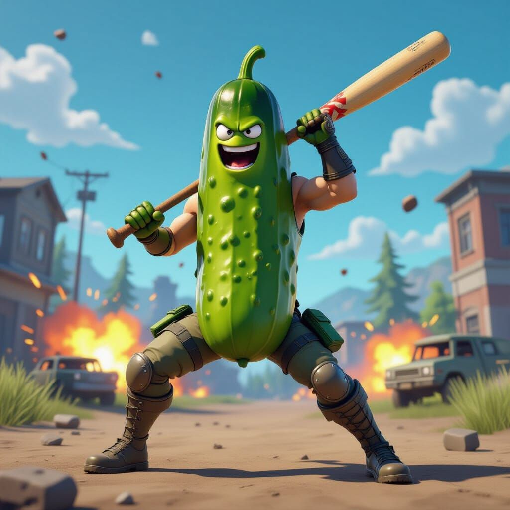 Fortnite Pickle Hero Poses with Bat on Battlefield