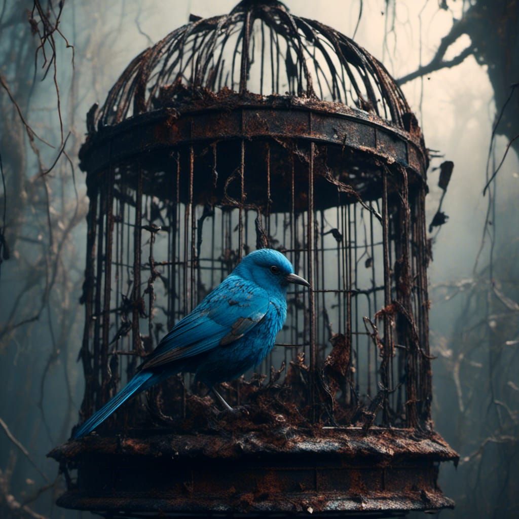 Blue Bird Trapped in Dark Cage: Matte Painting
