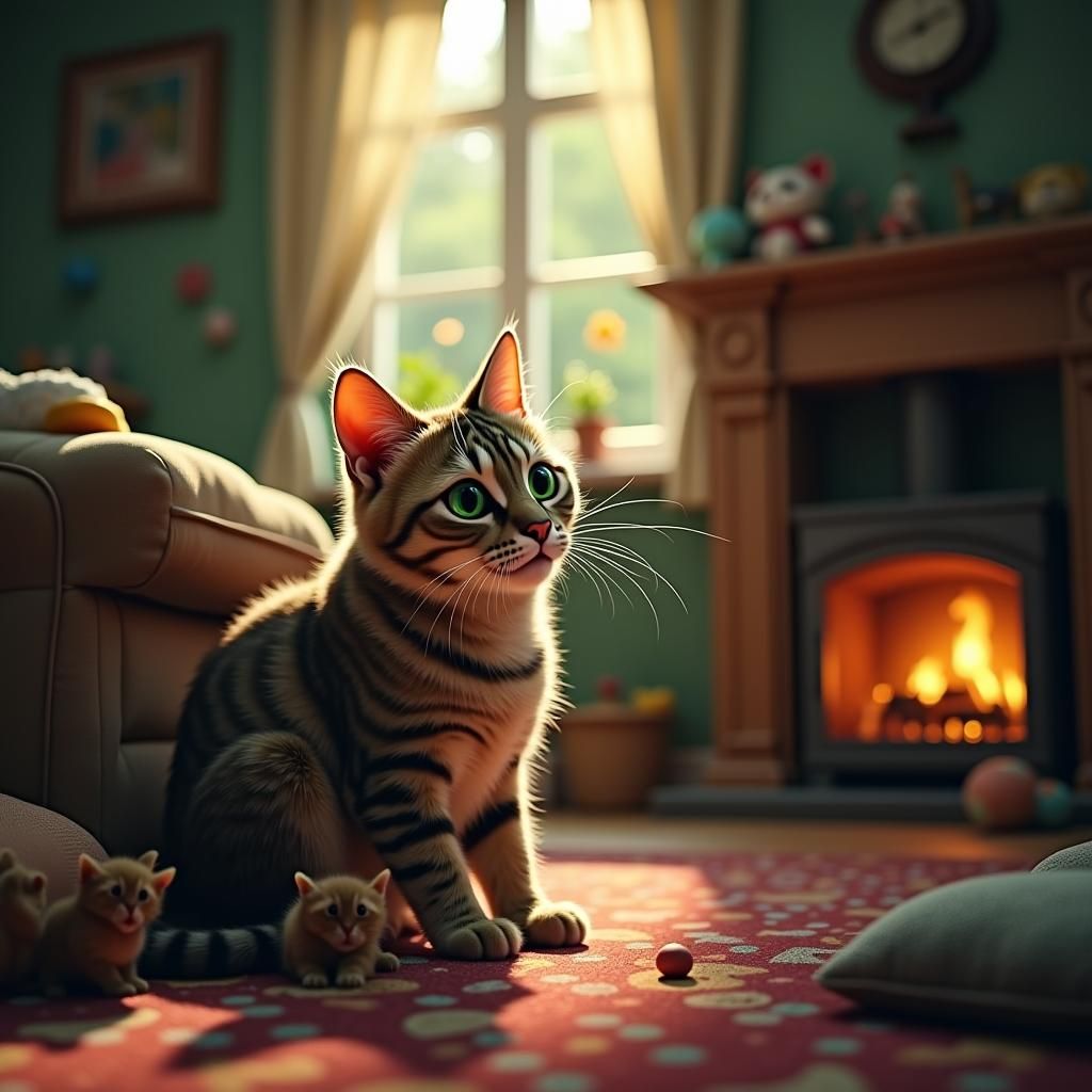 Moonlit Dutch Living Room with Cats in Dreamlike Style