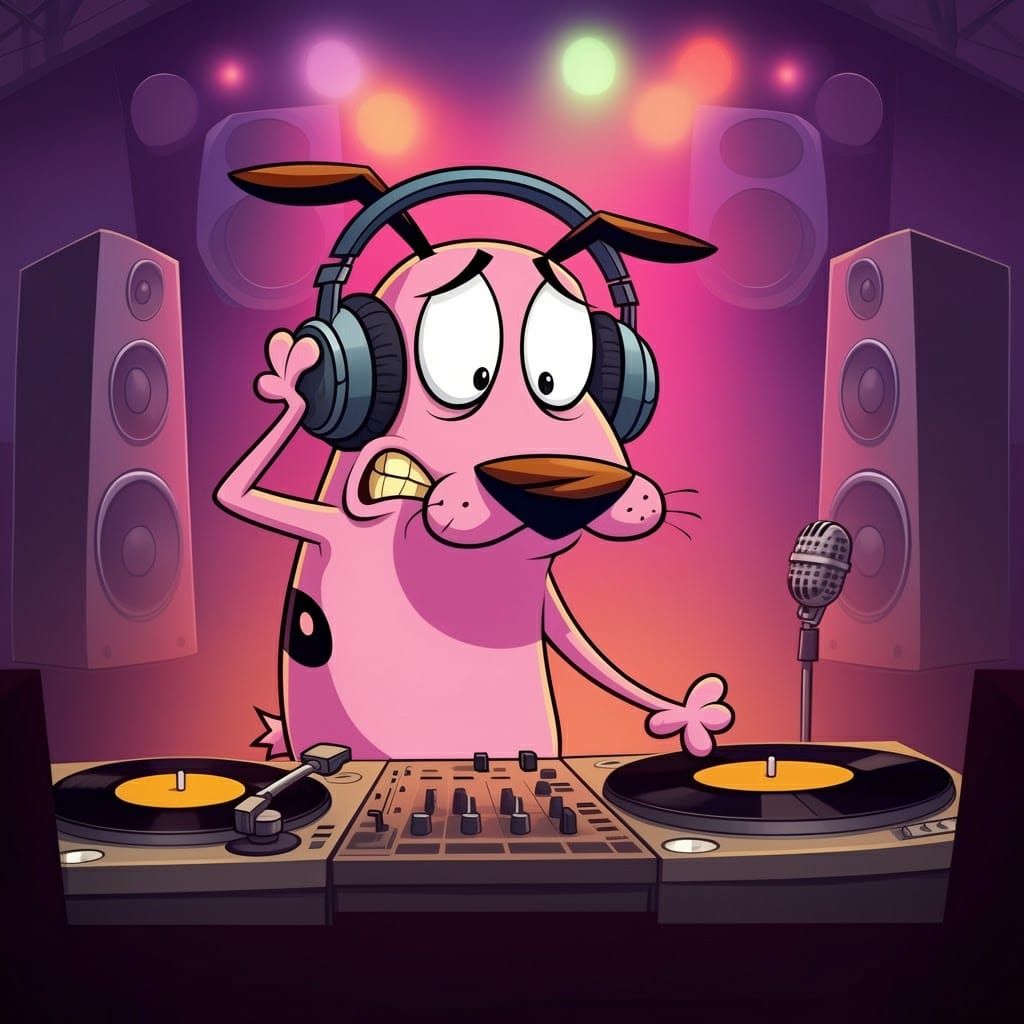 Courage the Cowardly Dog Mixing Tracks in DJ Booth