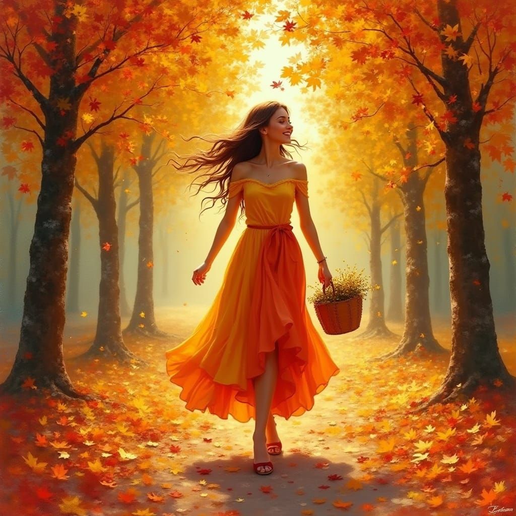 Serene Woman in Autumnal Dress Walks Through Leaf-Covered Pa...
