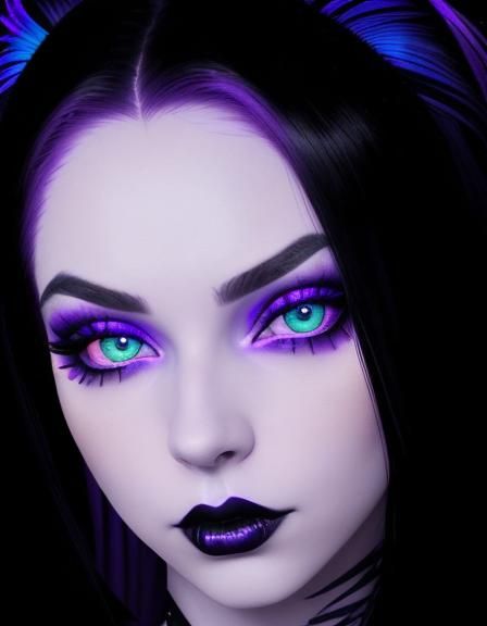 Beautiful gothic young lady with neon purple hair with cobalt blue highlights& green eyes with purple eyeshadow with bla...