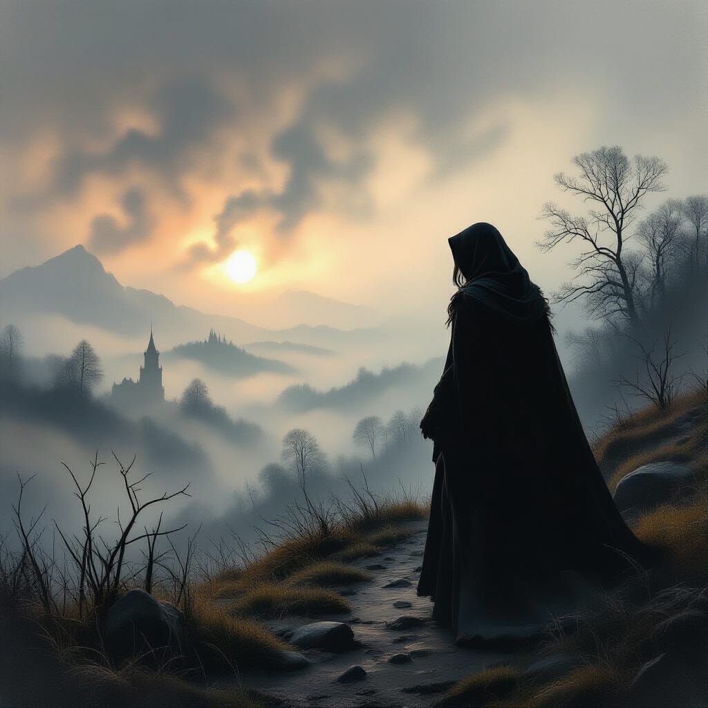 Cloaked Wanderer in Misty Landscape with Dramatic Lighting