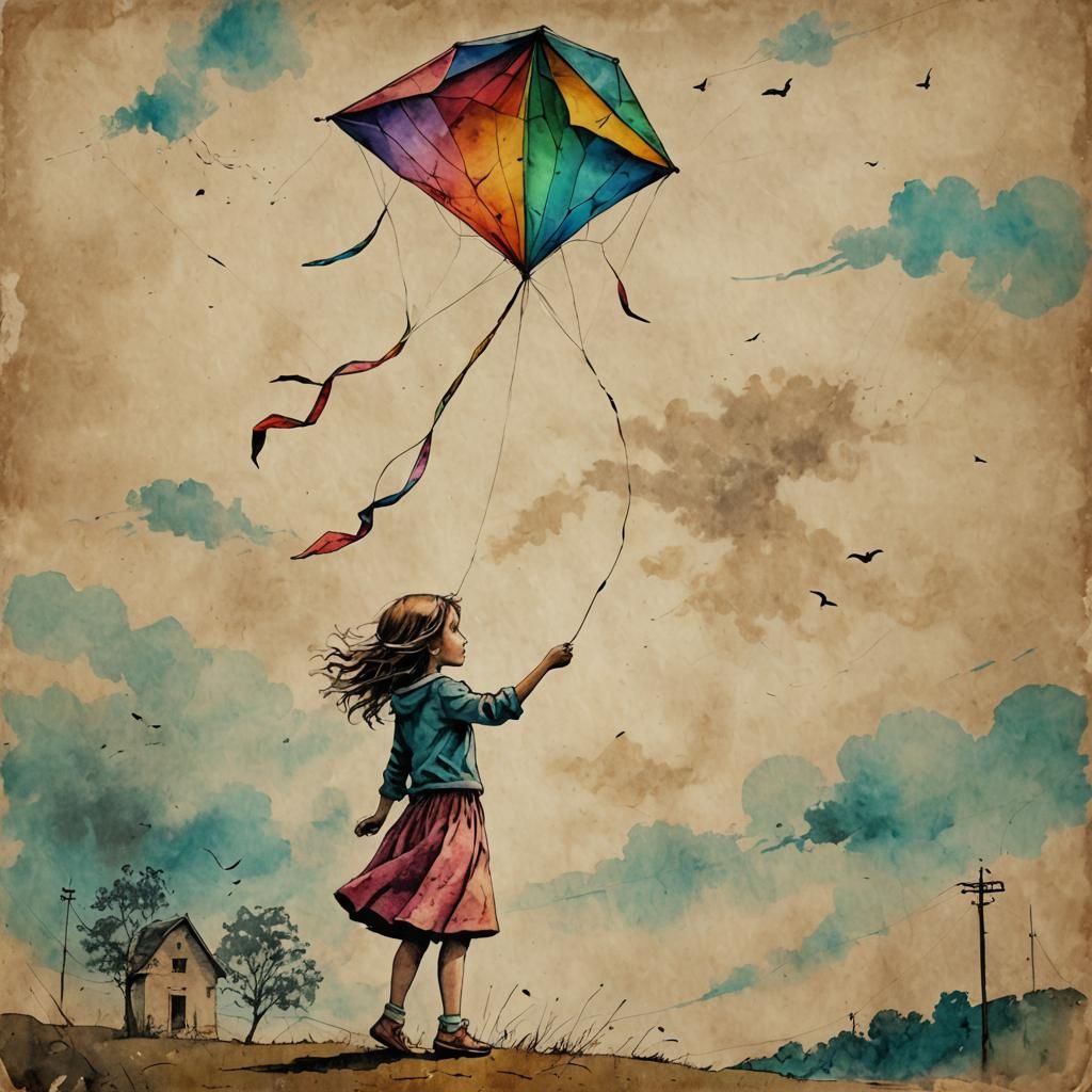 Girl with Kite: Surreal Ink Art on Aged Paper