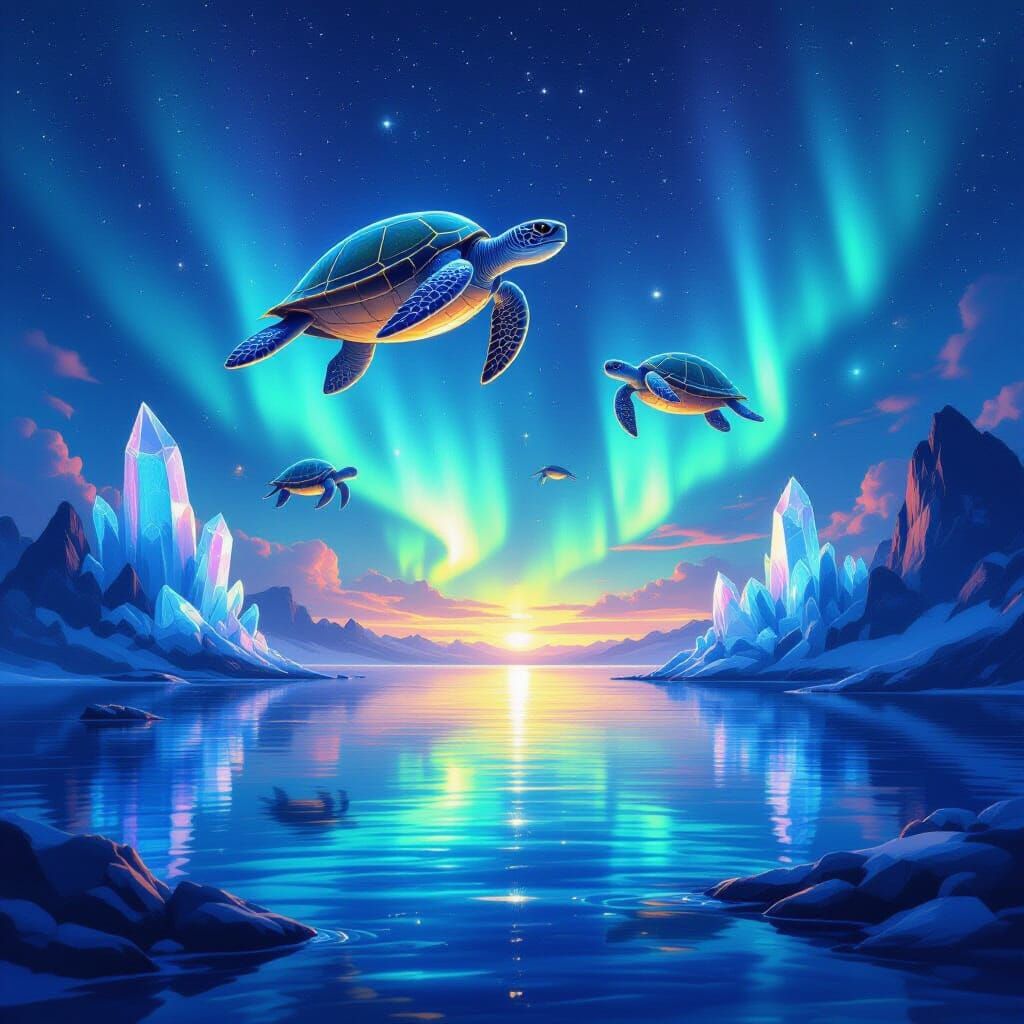 Giant Luminous Turtles Drift Through Aurora Sky Over Alien O...