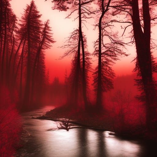 Spooky Forest River Under Blood Red Sky