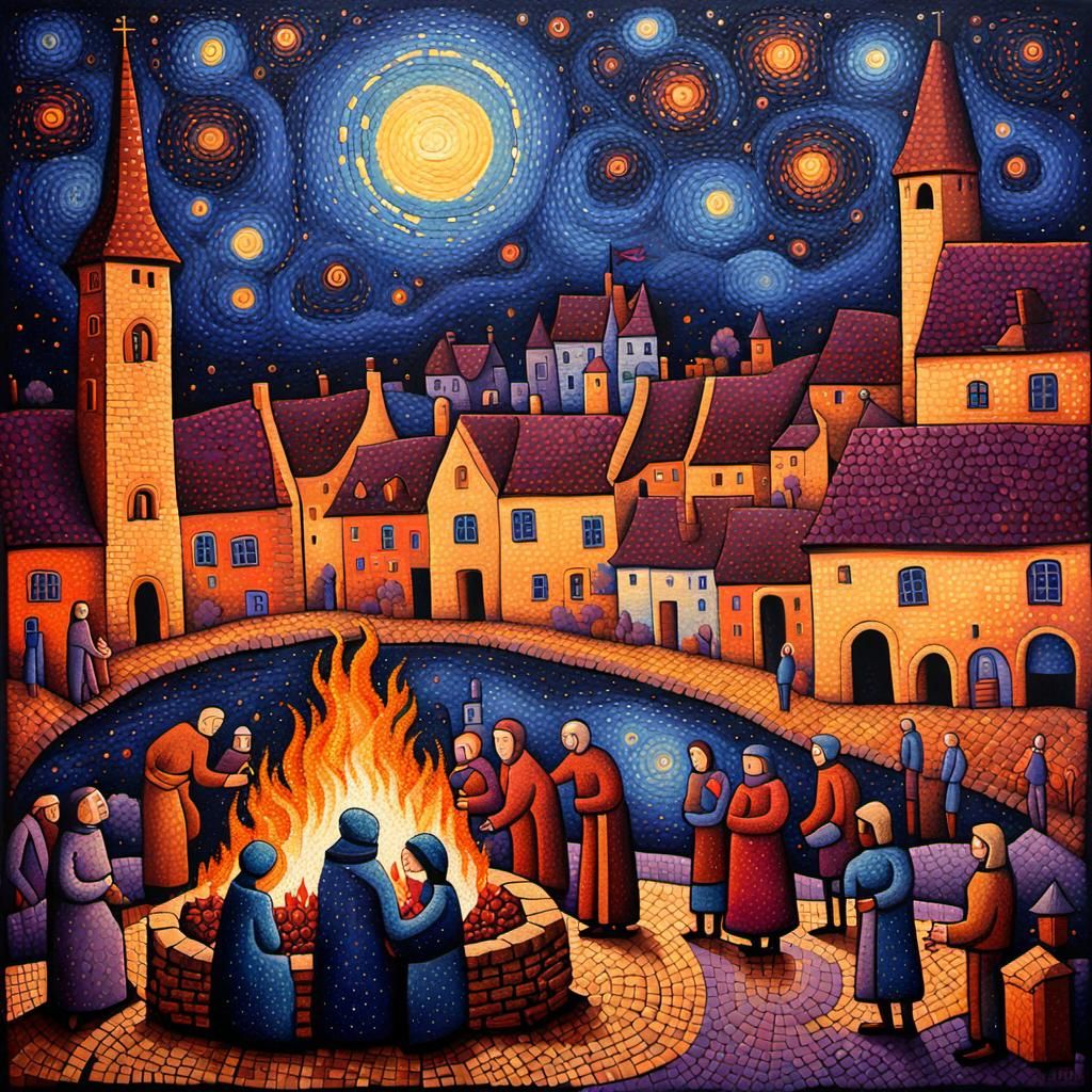 Medieval Town Square at Night in Pointillist Graffiti