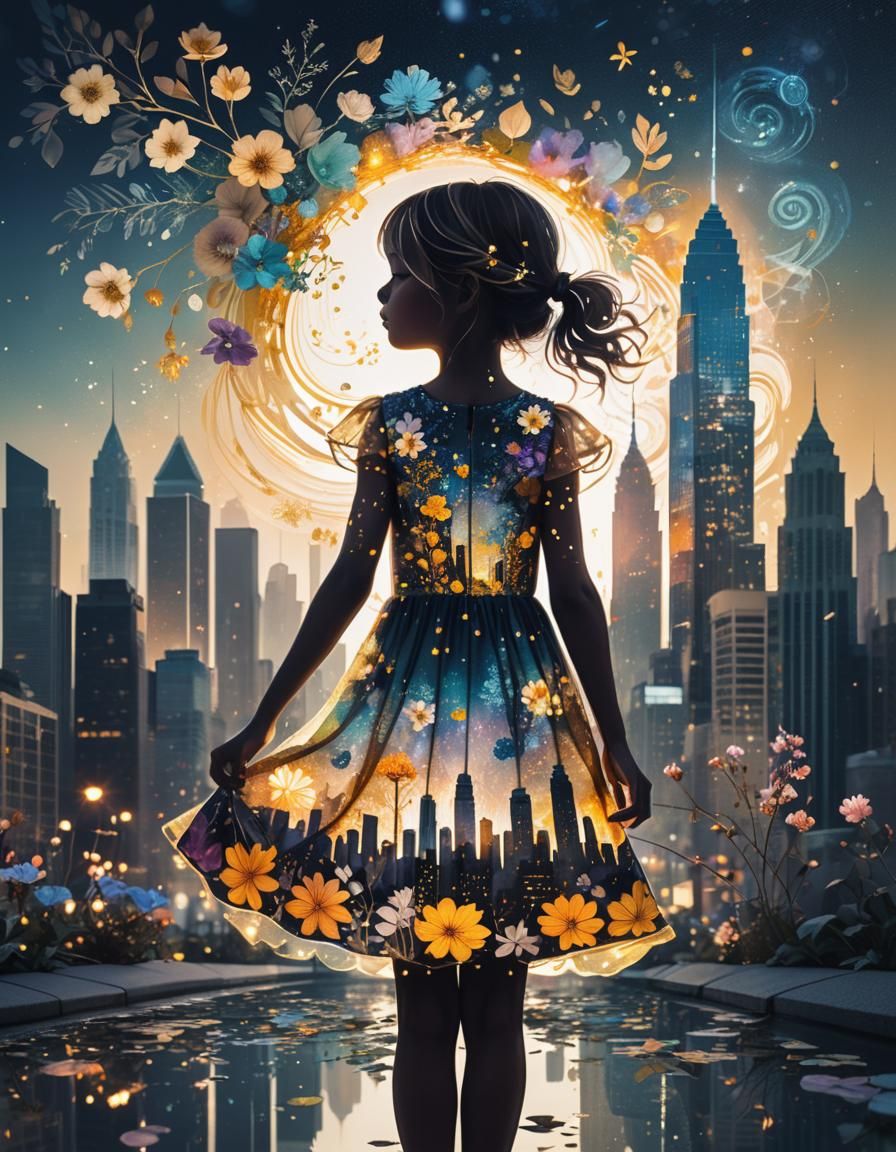 Astrocosmic Botanical Girl in Cityscape, Mixed Media Illustr...