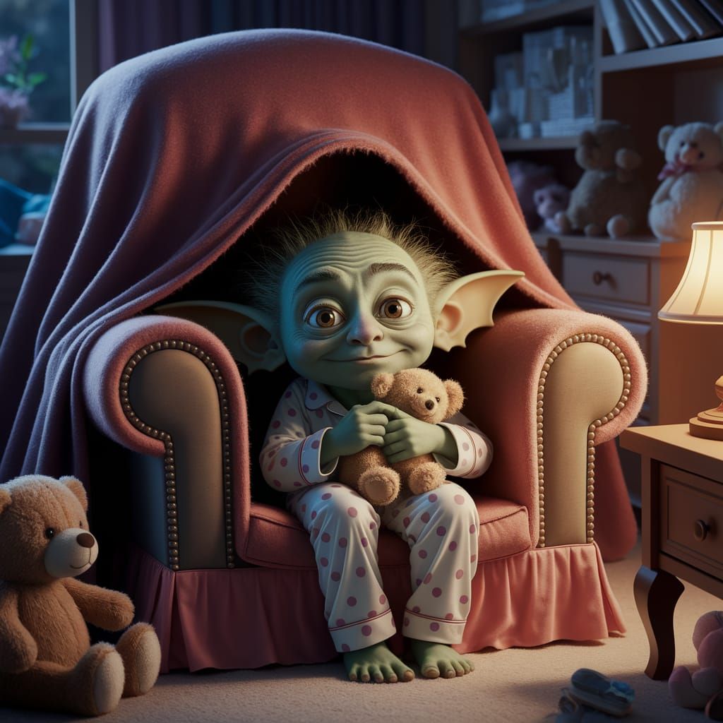 Shy Goblin Peeking in a Cozy Bedroom