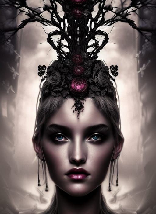 Dramatic Portrait of Black Persephone in Digital Art