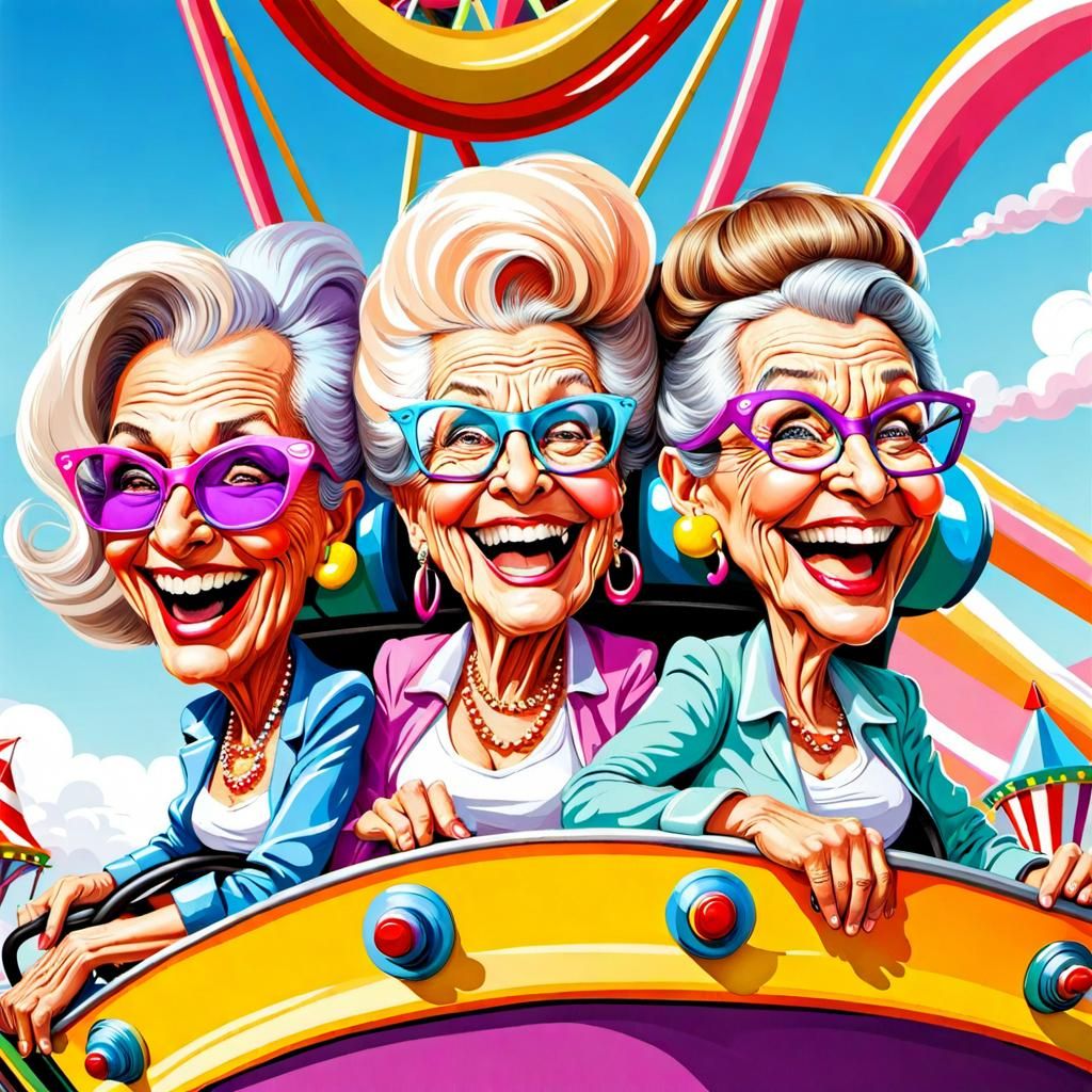 Whimsical Caricature of Laughing Women on Roller Coaster