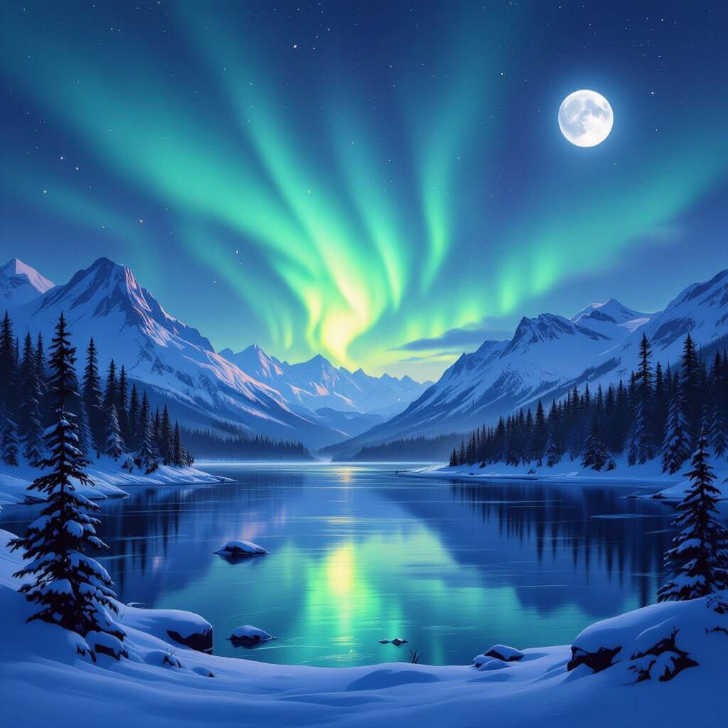 Aurora Borealis Over Mountains and Reflecting Lake