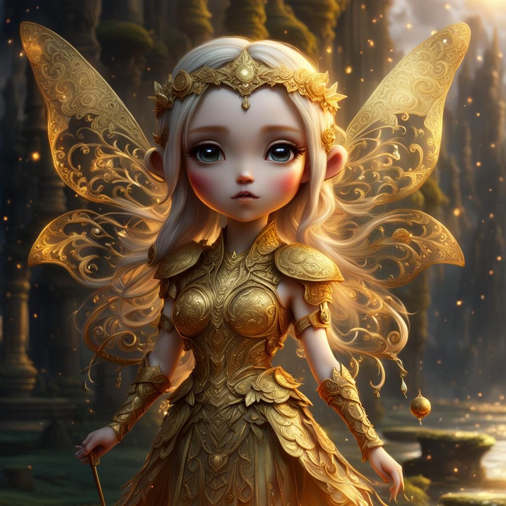 Chibi Golden Fairy in Digital Matte Painting Style