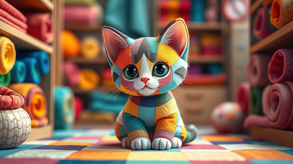 Chibi Patchwork Kitty in Whimsical Fabric Room