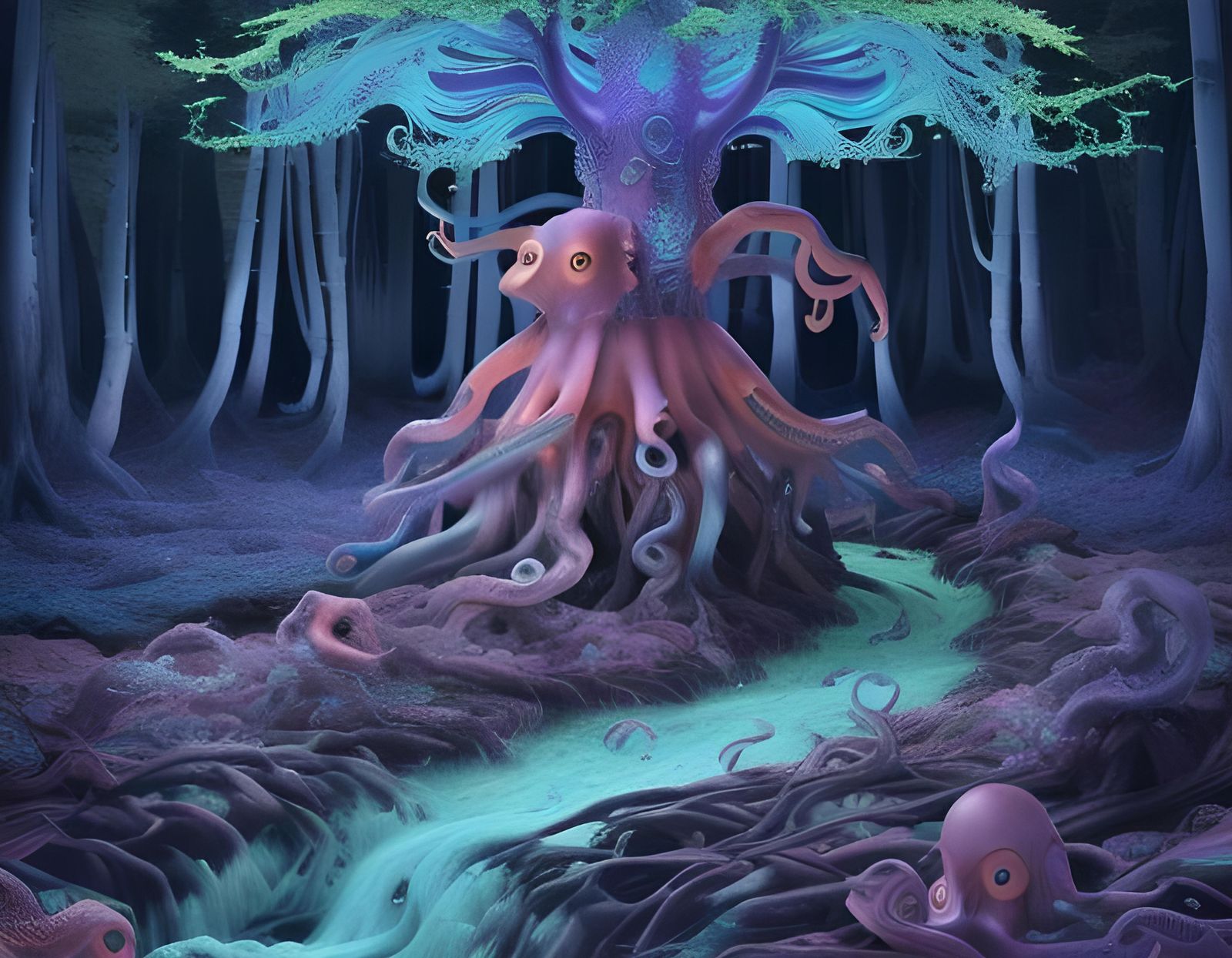 Alien Forest with Octopus Trees in Hyperrealism