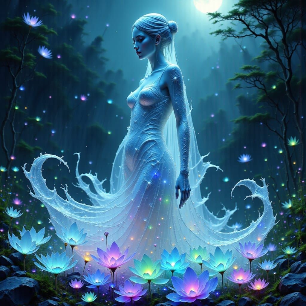 Glass Statue in Iridescent Gown in Moonlit Garden