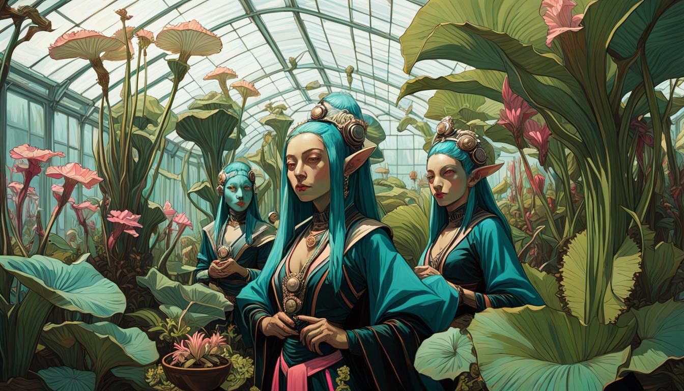 Goblin Warlocks Hula Dancing in Futuristic Greenhouse