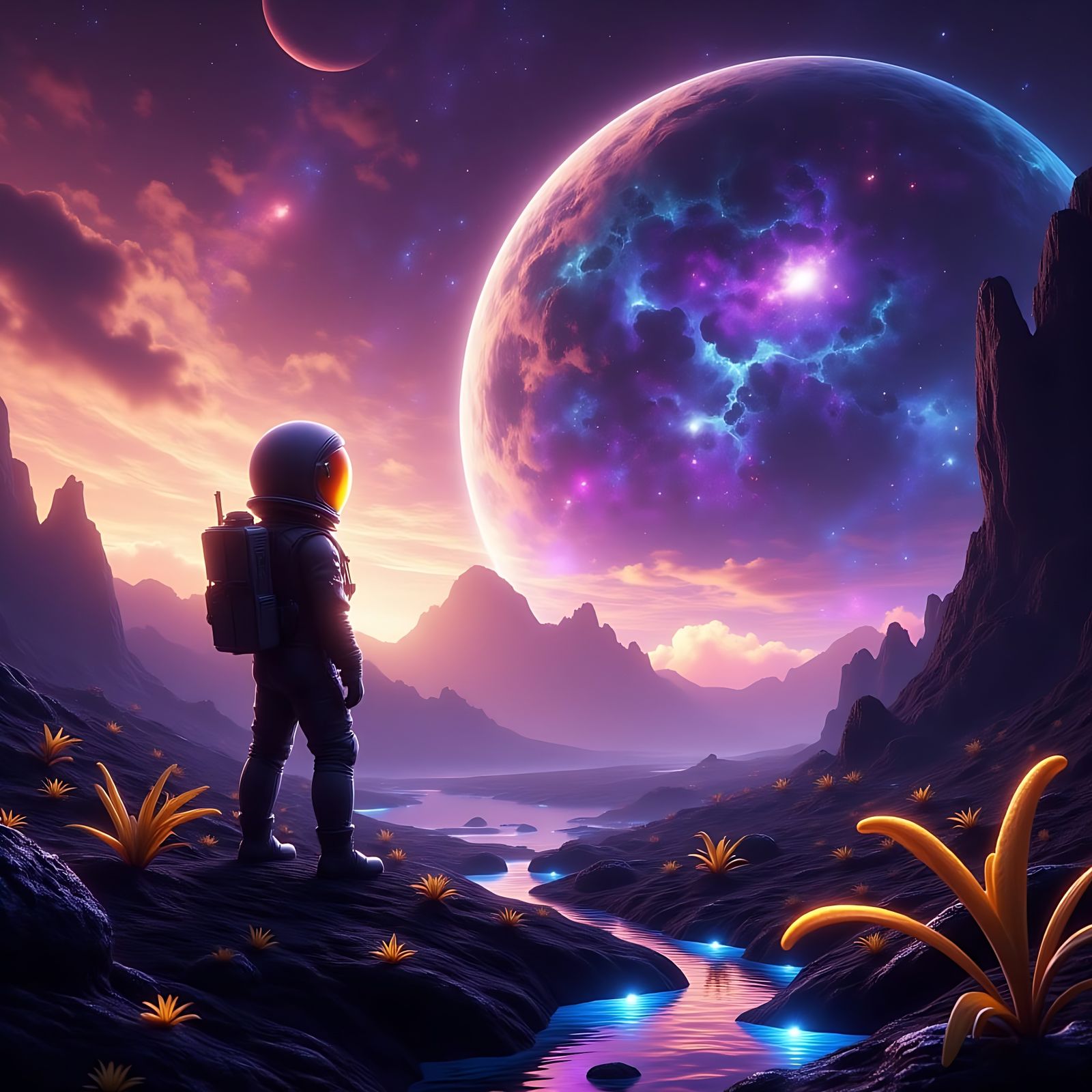 Astronaut Gazing at Nebula on Alien Planet