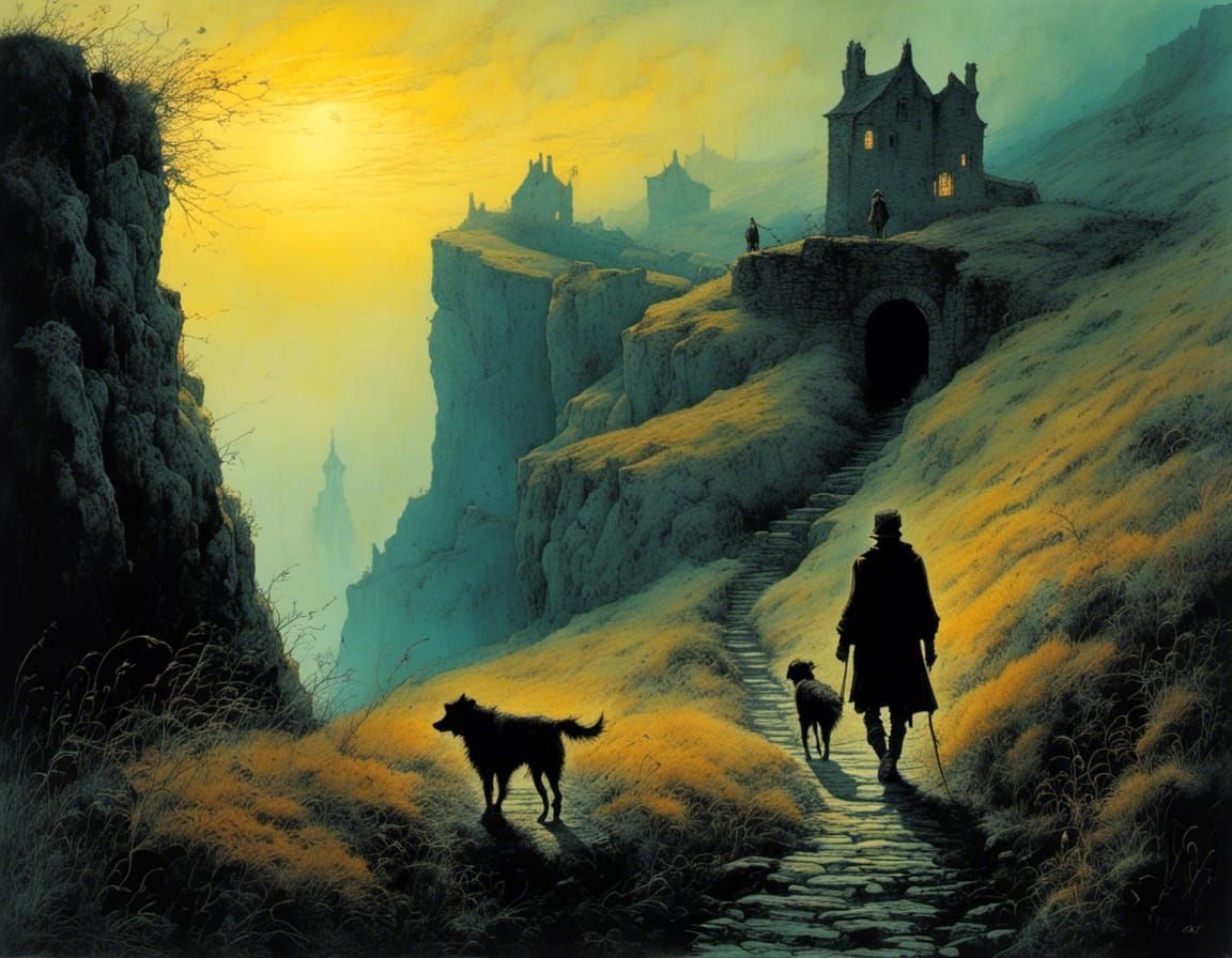 Misty Scottish Landscape with Wanderer and Dog, Intricately ...